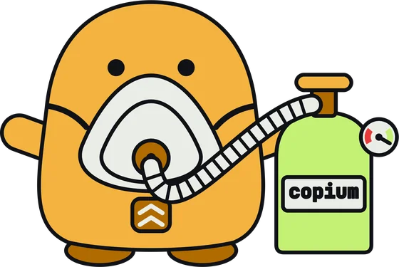 Captain Copium, an orange blob in a breathing mask hooked up to a green captain copium tank