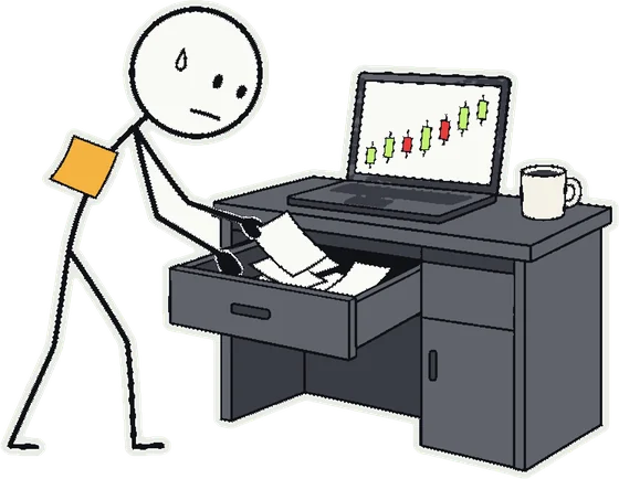 Mr. Sticky, a stick man, digging through a desk drawer for his seed phrase